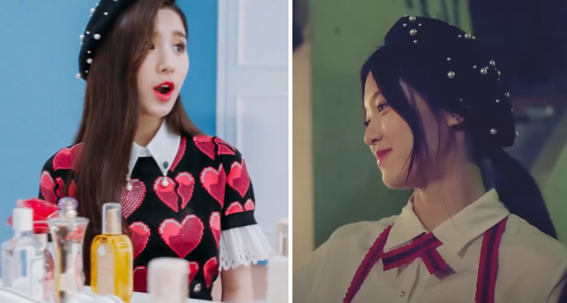 Left: Heejin wearing a black hat with pearls in the 'Vivid' music video. Right: Hyunjin wearing the same hat in the 'I'll Be There' music video.